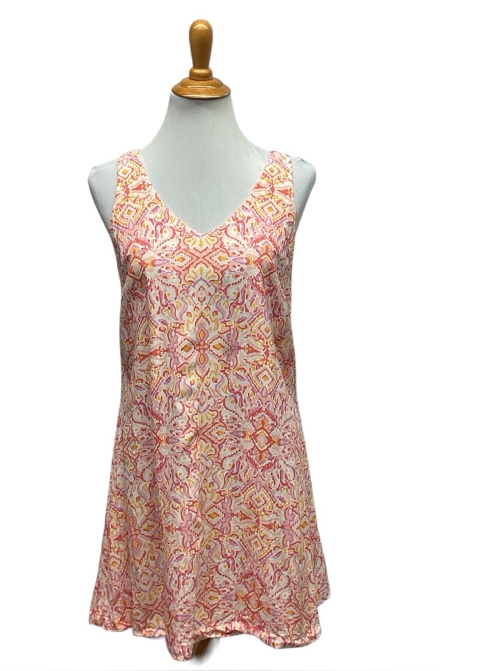 Loft V-Neck Pink and Yellow Printed Shift Dress Misses size M